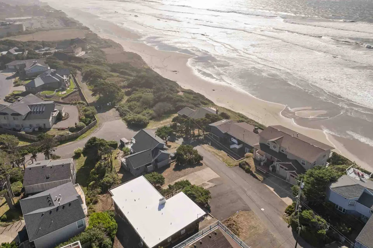 A sweeping view of the sandy beach and ocean waves, framed by nearby houses and natural vegetation. The scene is calm and inviting, suggesting ample opportunities for walks, playing in the surf, and exploring local trails—activities perfect for pet owners.